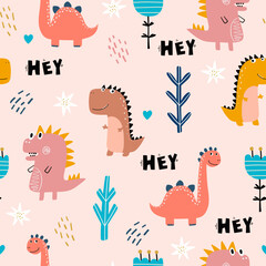 Baby pattern with dinosaurs. Vector hand-drawn colored seamless repeating baby pattern with cute dinosaurs, letters in Scandinavian style. Cute baby animals.