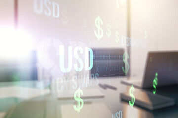 Creative USD symbols sketch and modern desk with computer on background, strategy and forecast concept. Multiexposure