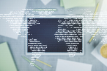 Abstract creative world map and modern digital tablet on background, top view, international trading concept. Multiexposure