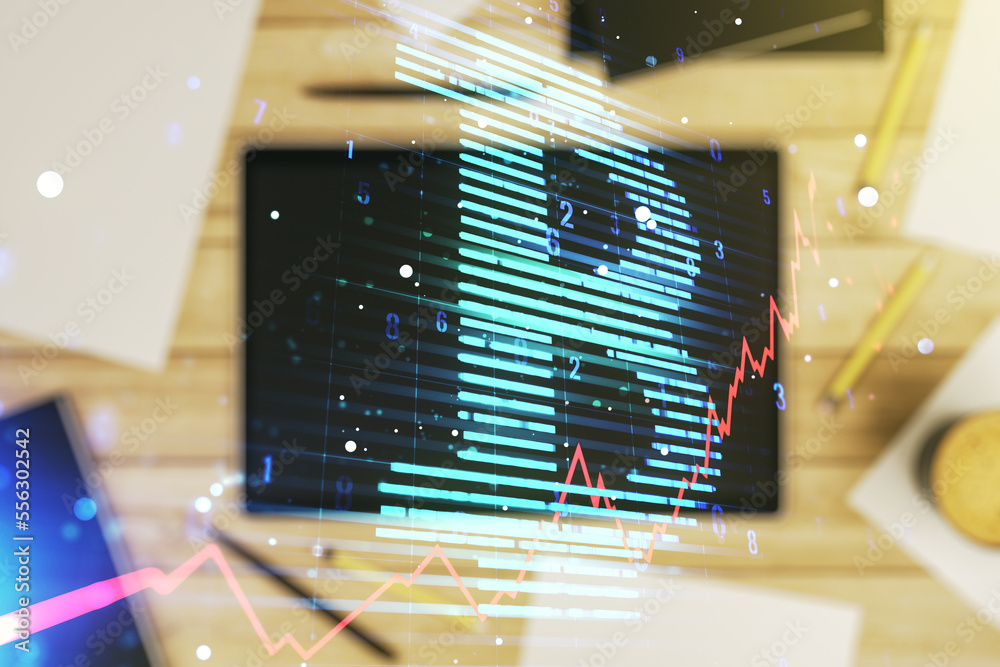 Poster Double exposure of creative Bitcoin symbol hologram and modern digital tablet on background. Mining and blockchain concept