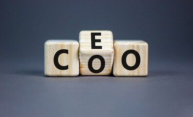CEO or COO symbol. Concept word CEO chief executive officer or COO chieve operating officer on wooden cubes. Beautiful grey table grey background. Business and CEO or COO concept. Copy space. - obrazy, fototapety, plakaty