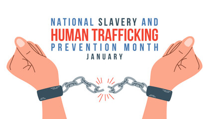 National slavery and human trafficking prevention month concept. Banner with hands in ropes handcuffs and text.