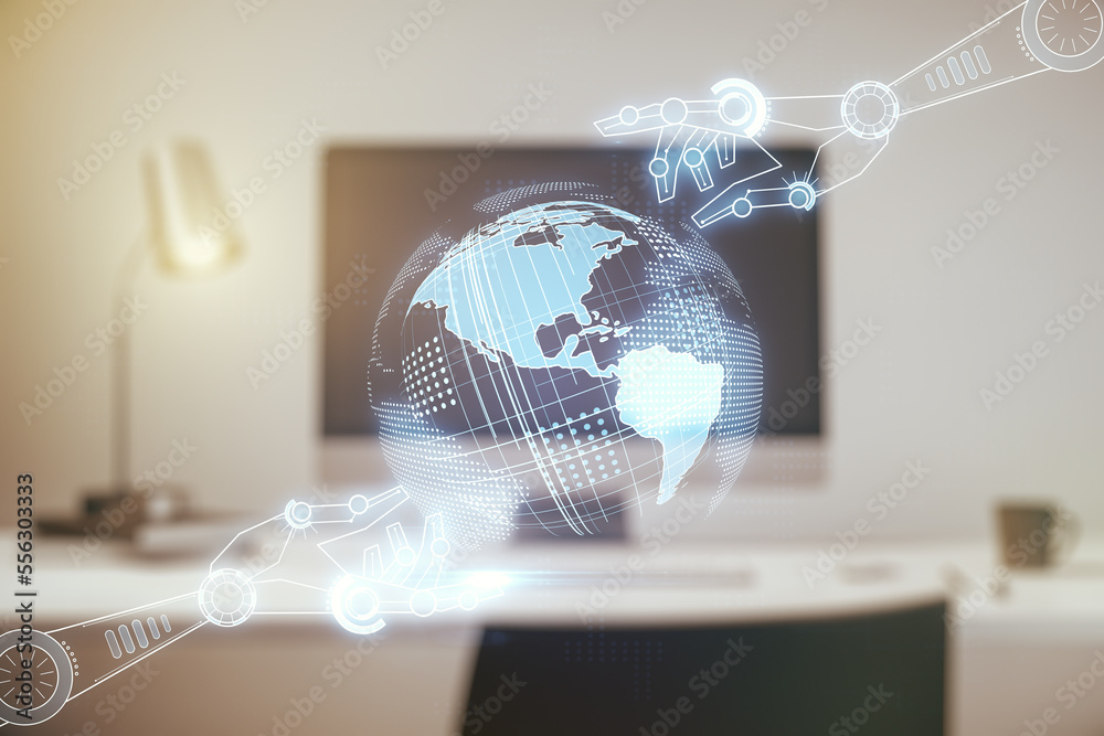 Aufkleber double exposure of robotics technology with world map hologram on laptop background. research and de