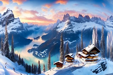 Berghütte in einer Schweizer Winterlandschaft - Generative AI
