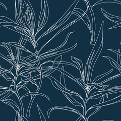 Seamless floral pattern with white linear leaves isolated on dark blue background. - obrazy, fototapety, plakaty