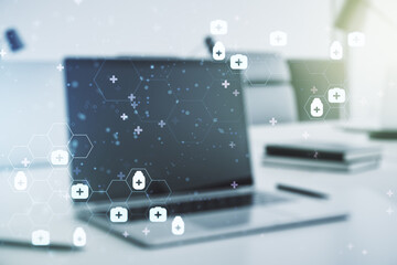 Creative abstract medical hologram on modern computer background, online medical consulting concept. Multiexposure