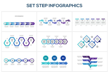 Set step with 3, 4, 5, 6, 7 elements, infographic template for web, business, presentations, vector illustration.