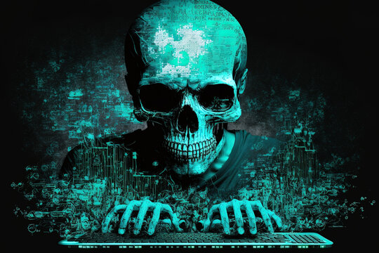 Multiexposure creative code skull doodle with hands typing on keyboard and background of data theft and virus. Generative AI
