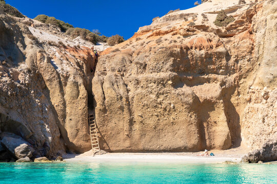 The famous Tsigrado beach with crystal clear waters and rocks. Great place for snorkeling. Milos island, Greece