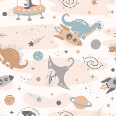 Seamless Pattern with Cute Dinosaurs Astronauts in Space, Cartoon Animals Background, Design for clothes, t-shirts, wrapping, fabric, textiles and more