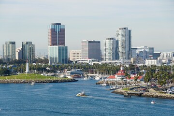 The view of the boat harbor and buildings in the city along Queensway Bay near Long Beach, California, U.S.A