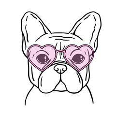 French bulldog black and white hand drawn portrait. French bulldog face in line. Dog head with heart glasses. Valentines Day. Cute muzzle French Bulldog.