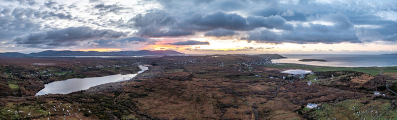 Fototapeta na wymiar Aerial view of amazing sunrise at Lough Fad by Portnoo in County Donegal.