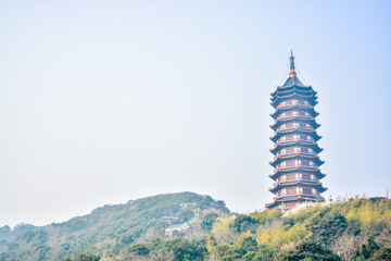 Landscape of Pumen wanfobao Buddhist pagoda,located in Putuoshan island,Zhejiang,China