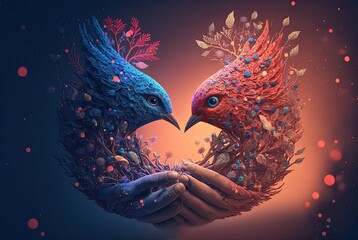 surreal art illustration of tow bird with hands, idea for Accepting difference, understanding how we are alike, how we are different and treating everyone with respect and understanding.
