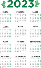 Calendario 2023 español. Semana comienza el lunes. Verde - obrazy, fototapety, plakaty