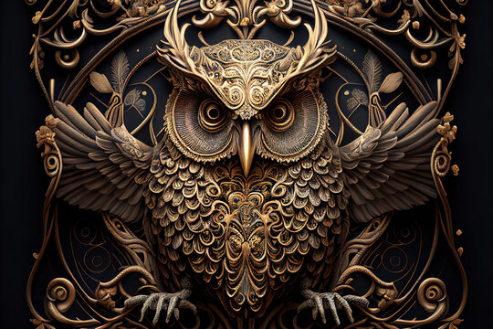 Stylized ornate owl, tree, flowers, carving. sketch art for artist creativity and inspiration. generative AI	

