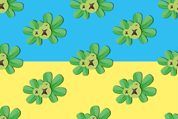 Seamless pattern with cracked chestnut with beautiful green leaves on background from ukrainian flag. Wallpaper and bed linen.