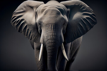 Generative AI illustration of gray elephant with white tusks and huge ears against black background