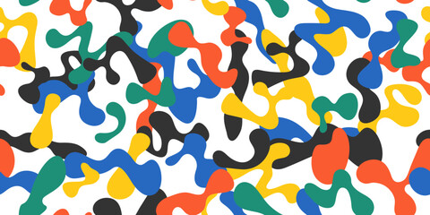 Colorful abstract doodles form seamless pattern. Creative minimalist art style background. Liquid colored background.