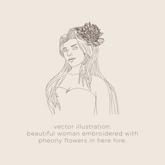 vector sketch illustration.
drawing line.
beautiful woman embroidered with pheony flowers in her hair.