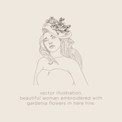 vector sketch illustration.
drawing line.
beautiful woman embroidered with gardenia flowers in her hair.