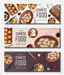 Set of templates flyer design for shop, restaurant, cafe, promotion, advertising. Vector illustration of Chinese food and copy-space. Banner, sale, poster, coupon, cover, brochure concept.