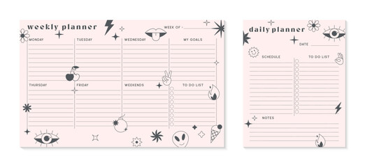 Vector weekly and daily planners templates with funny y2k patches,icons and emblems.Organizer and schedule with place for notes; goals and to do list.Trendy 90s aesthetic.Abstract minimalistic design.