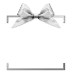 bright silver ribbon bow and box frame isolated on background, copy space for gift greeting card,...
