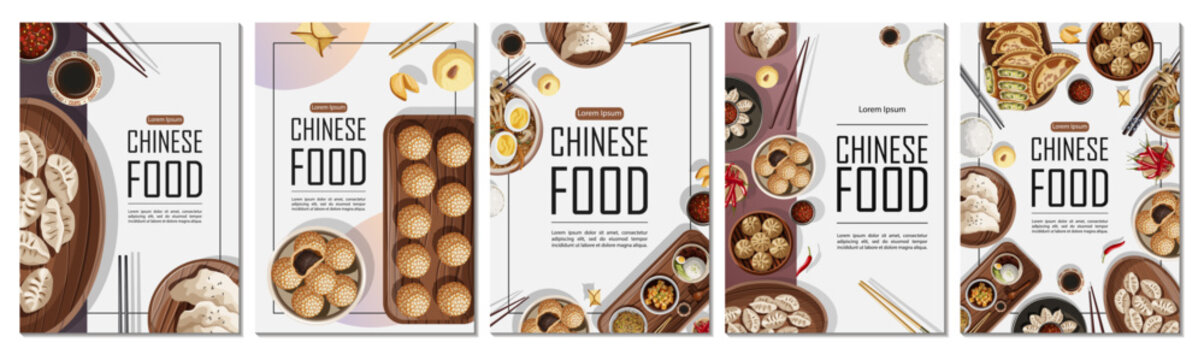 Set of templates posters design for restaurant, banner, card, flyer, menu, brochure. Vector illustration of Chinese food and copy-space on vertical A4 posters.