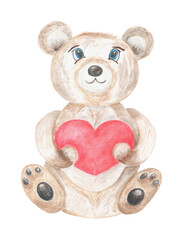 Watercolor love bear with red heart for valentines day