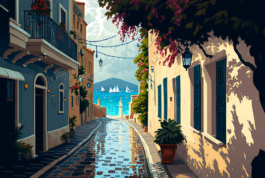 Fototapeta Mediterranean cityscape. Printable illustration of street of the old town overlooking the sea