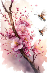 Obraz na płótnie Canvas Bees and sakura flowers, vertical painting, generative ai