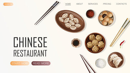 Template website design for restaurant, cafe, shop. Vector illustration of Chinese food and copy-space isolated on white. Web, banner, poster, flyer, cover, brochure, promotion concept.