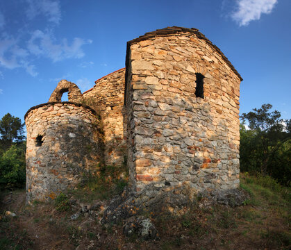 The pre-romanesque visigothic chapel of St Michel de Sournia with its apsis in the morning, Pyr&eacute;n&eacute;es-Orientales in France