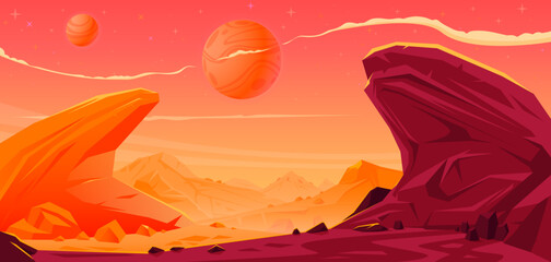 Hand drawn vector landscape of a fantastic red planet.