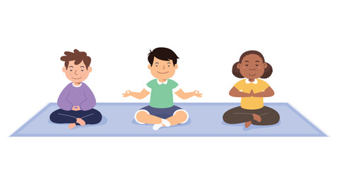 kids meditation. girl and boy sitting on a yoga mat