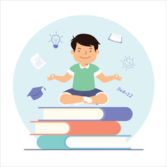 boy yoga meditation siting on books