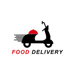 Illustration of restaurant and cafe business logo. Food delivery logo design vector. Food pictograms, motorbike icons delivering food orders