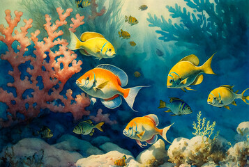 Obraz na płótnie Canvas Fishes among the corals, seascape painting, underwater life, printable digital watercolor art, generative ai
