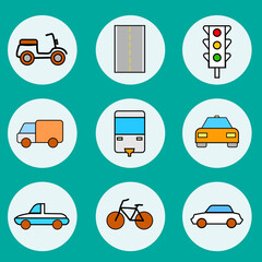 Transportation icons colored line set with bike, van, car and other cab elements. Isolated vector illustration transportation icons.