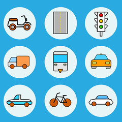Transportation icons colored line set with bike, van, car and other cab elements. Isolated vector illustration transportation icons.