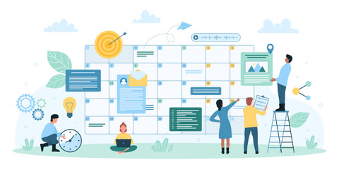 Business events organization, time management vector illustration. Cartoon busy tiny people organize daily tasks with schedule and calendar, employees work with reminder and notes in timetable