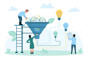 Problem solution, idea management vector illustration. Cartoon tiny people solve difficulty task, process of work with funnel to unravel hard messy tangle into multiple simple wires with light bulbs