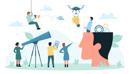 Brainstorm solution with innovation smart technology vector illustration. Cartoon tiny people work with telescope looking for genius ideas in brain of abstract human head, drone carrying light bulb