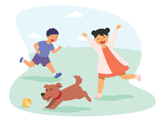 children running playing with dog 