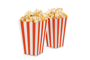 Two red white striped carton buckets with tasty cheese popcorn, isolated on transparent background, PNG. Movies, cinema and entertainment concept.