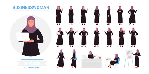 Muslim businesswoman poses set vector illustration. Cartoon Arab young woman in hijab and traditional black dress sitting and standing with laptop, lady in robe showing business presentation
