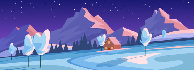 Winter mountain landscape at night vector illustration. Cartoon Christmas wonderland scene, panoramic countryside scenery with village house among trees and snow, snowfall and stars in blue sky