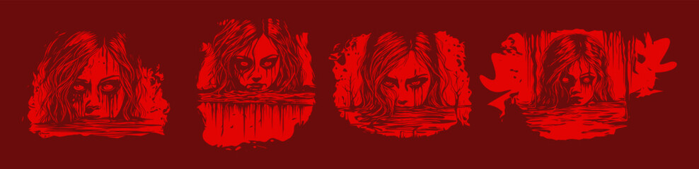 Horror Sketch gothic girl  and half face of goth woman above water. Isolated vector illustration. Fantasy, occultism, tattoo art, coloring book, prints - obrazy, fototapety, plakaty